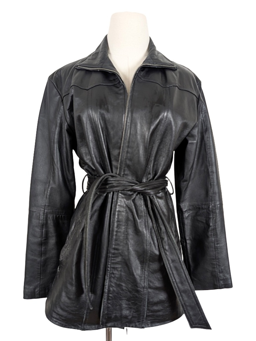 Vintage Leather Jacket Belted Size Medium Black Biker